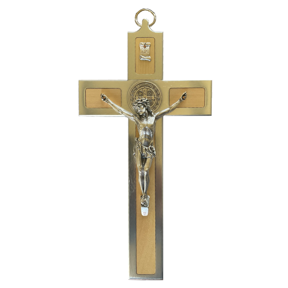12 in. St Benedict Crucifix, Aluminum and Maple Woo...