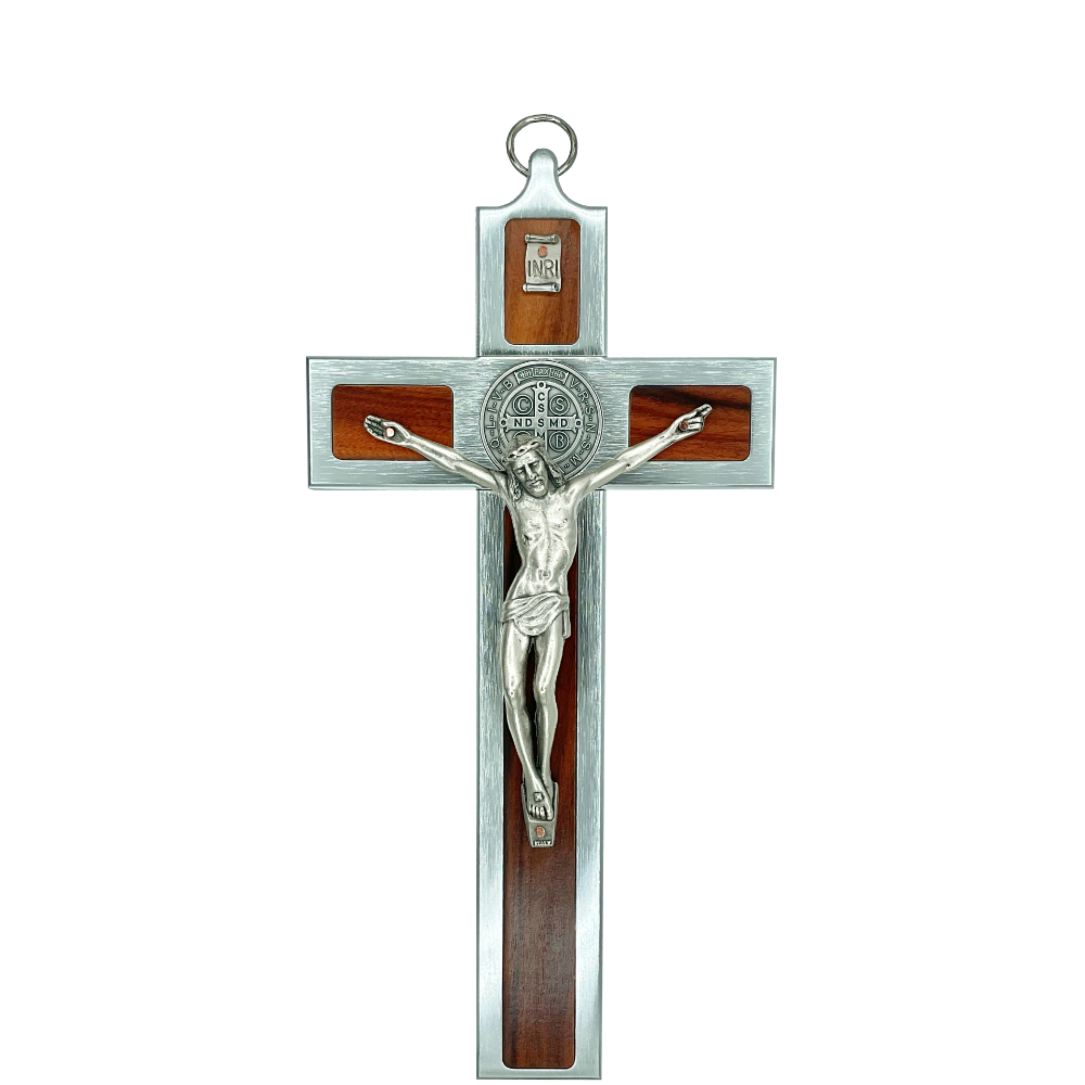 10 in. St. Benedict Crucifix, Chrome with Rosewood Veneer