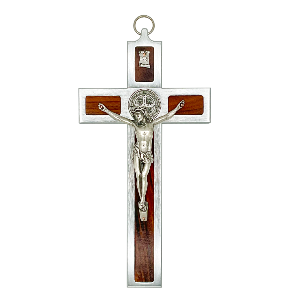 12 in. St. Benedict Crucifix, Chrome with Rosewood Veneer