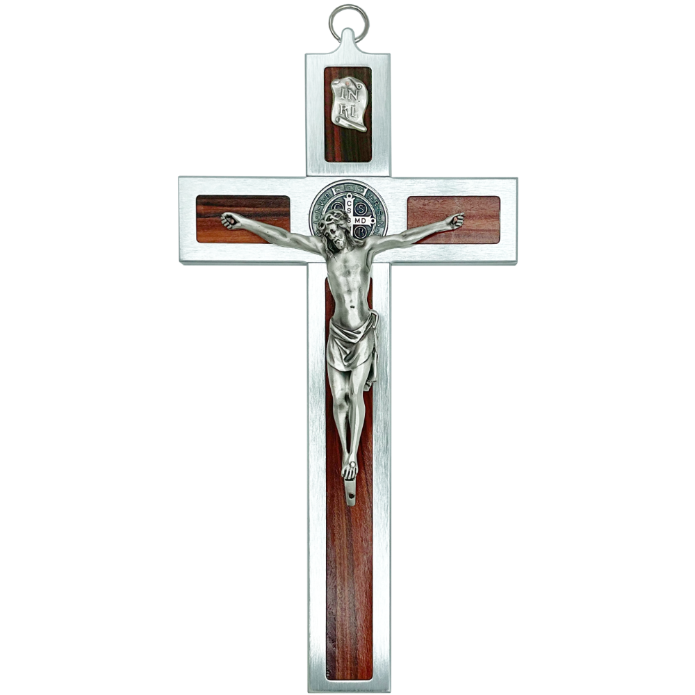 15 in. St. Benedict Crucifix, Chrome with Rosewood Veneer