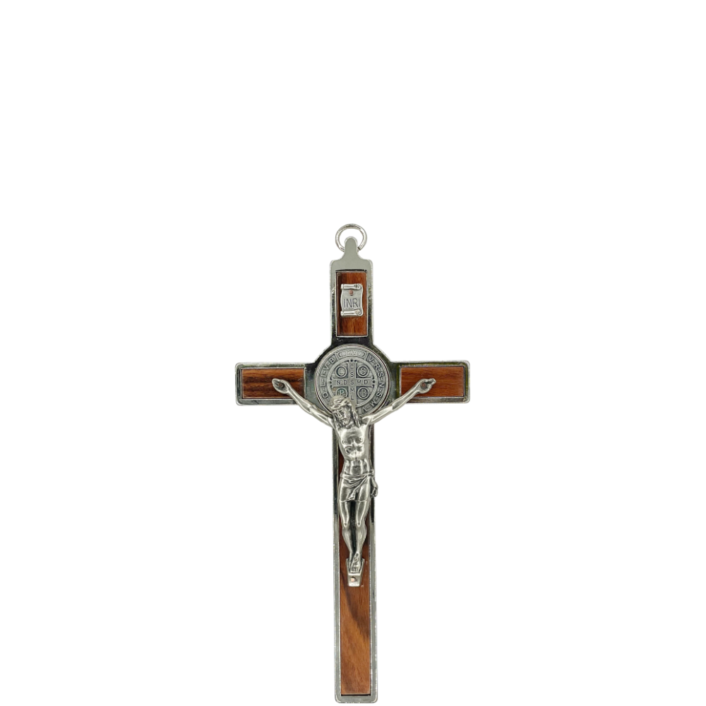 6 in. St. Benedict Crucifix, Chrome with Rosewood Veneer