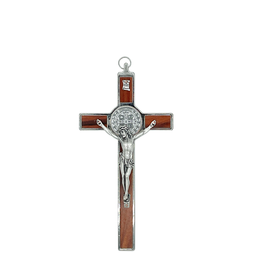 8 in. St. Benedict Crucifix, Chrome with Rosewood Veneer